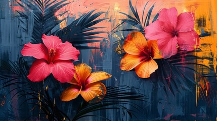 Tropical abstract leaves background. Colorful tropical leaves on textured modern background.