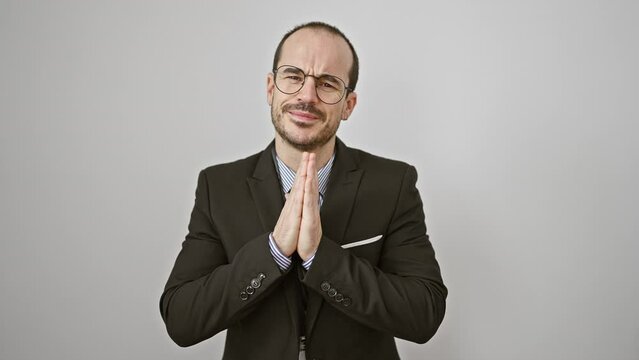 Bald bearded hispanic man in a suit pleading against a white background