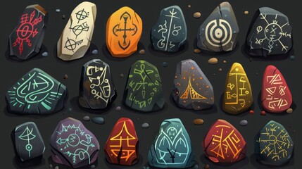 Set of game stone icons. Zodiac signs, astrological symbols on stone set.