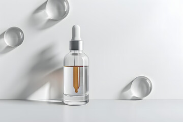bottle of glass with cosmetic serum on white background. Mockup of container with dropper