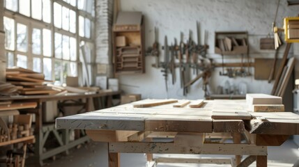 Spacious Carpentry Workshop with Sunlight, Tools, and Workbenches