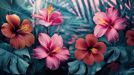 Obraz na płótnie Canvas Tropical flower, motifs, pink background. Generative AI.