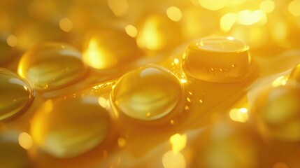 Yellow golden vitamin capsule omega 3 on blurred background - obrazy, fototapety, plakaty