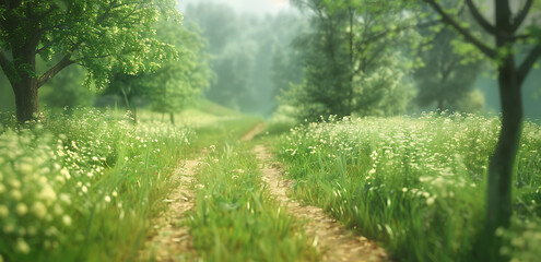 Fototapeta na wymiar Beautiful spring landscape with path in a green field, with a blurred background, in the style of nature background.