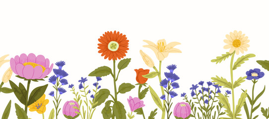 Floral background with border frame of bright summer leaf, flowers and foliage plants. Horizontal banner with abstract spring leaves. Multicolored flat vector illustration of modern botanical backdrop