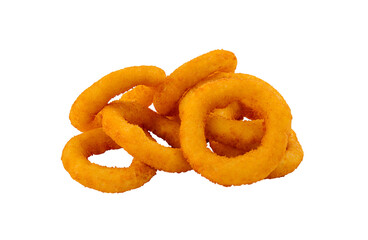 Crispy golden onion rings on white background