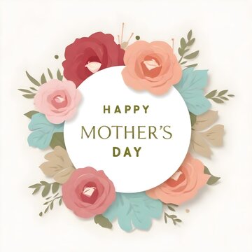 A Mother's Day greeting with a circular text area saying "HAPPY MOTHER'S DAY" surrounded by a wreath of stylized (pink and red flowers with green leaves on a dotted beige background)