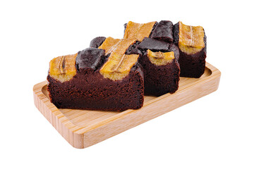 Chocolate banana bread slices on wooden board