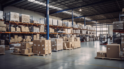Expansive Warehouse Space: Neatly Arranged Boxes Ready for Delivery