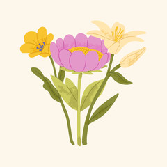 Hand drawn vector flower bouquets. Camomile, peony and lily. Colored trendy illustration. Flat design. Paper cut style. All elements are isolated. Bouquet of spring and summer