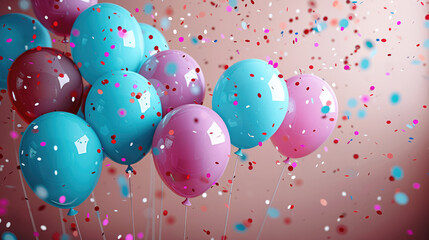 Decoration for surprise parties with balloons and confetti set up as wide banner with copy space area. Generative AI.