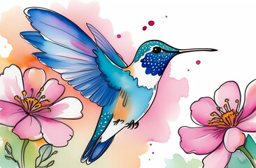 Beautiful blue hummingbird flying, pink flowers, watercolor illustration, postcard