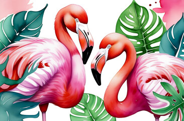 Two pink flamingos and monstera leaves on pink background, watercolor illustration for design