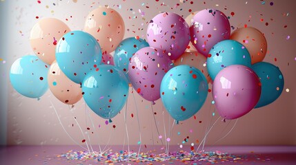 Decoration for surprise parties with balloons and confetti set up as wide banner with copy space area. Generative AI.