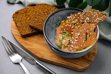 Gourmet chicken liver pate with crispy bread