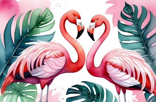 Two pink flamingos and monstera leaves on pink background, watercolor illustration for design, romantic