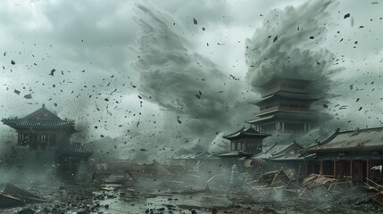 AI generated illustration of the destruction of a Chinese medieval town during a battle