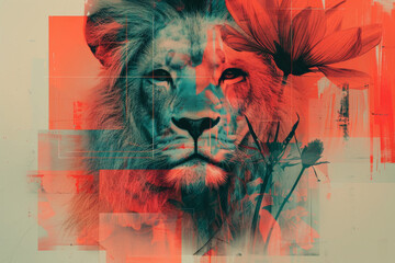 Abstract Lion Artwork with Floral Elements in Modern Glitch Style