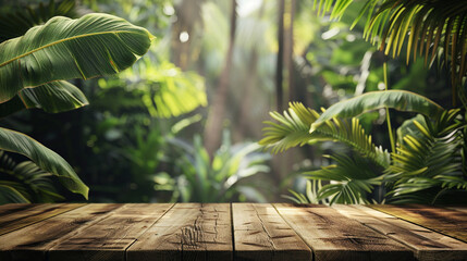 Step into a world where a wooden table top stand harmonizes with the tropical beauty of dark blurred palm and banana leaves