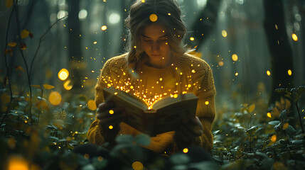 portrait of a child reading a book. A person holding an open book, their gaze captivated by the words on the page as they embark on a literary journey. - spirit of adventure and discovery found.