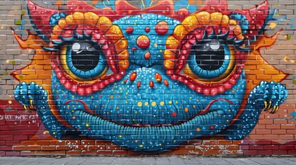 A brick wall adorned with a vibrant street art mural depicting a fantastical creature or a social message.