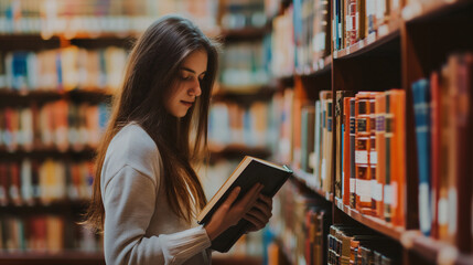 Studious Young Woman Deeply Engaged in Reading Academic Material in a Serene Library Environment