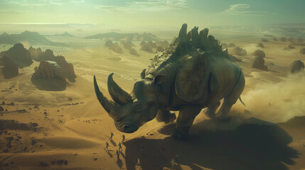 Menacing rhinoceros marching ahead of a large army. through the vast desolate landscape of the desert. - obrazy, fototapety, plakaty