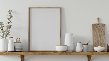 Fototapeta na wymiar a modern mockup frame on a kitchen wooden shelf on a white wall background