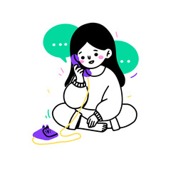 Young woman with phone in room. Hand drawn style vector design illustrations. Ditable isolated colorful hero image