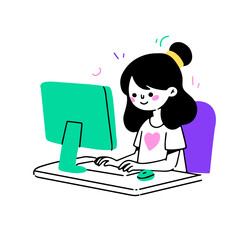 Girl works at computer desk. Happy person employee at desktop PC, table. Worker working at workplace, typing, surfing internet, using technology. Flat vector illustration isolated 