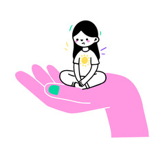 Young lady sitting on a big hand. Giant hand holding woman. Psychological help, mental issues, medical help, support, healthy lifestyle concept. Hand drawn Vector illustration