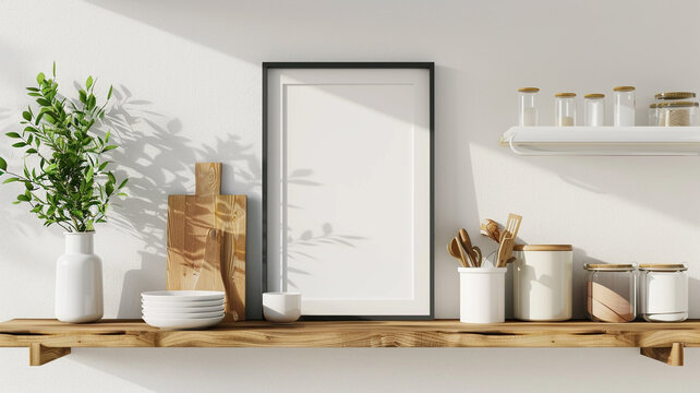a modern mockup frame on a kitchen wooden shelf on a white wall background