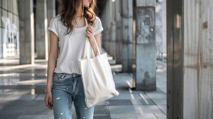 A woman carrying white blank tote bag with no design mockup - obrazy, fototapety, plakaty