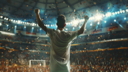 Fototapeta na wymiar back view of a soccer player celebrating his goal on the stadium