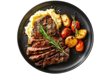 Grilled Sliced Beef Steak with Roasted Potatoes and Mashed Potato on a Dark Plate