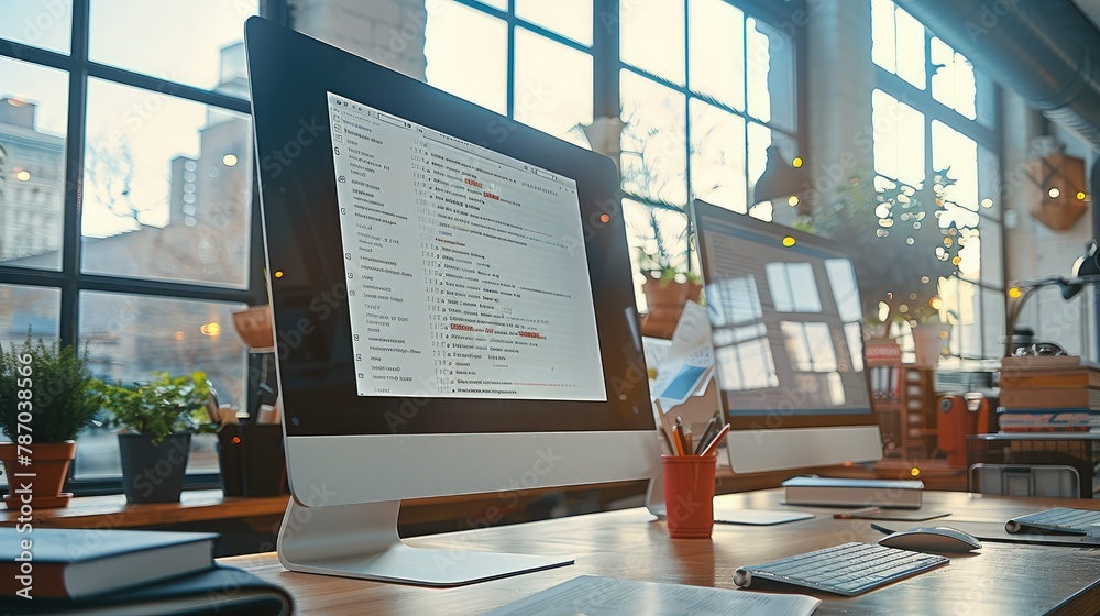 Poster Computer screen displaying email lists, A realistic representation of email marketing in a modern office setting, focusing on a professional workspace with a white theme. Generative AI.