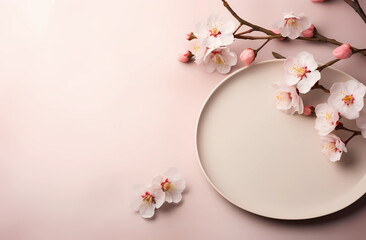 Obraz na płótnie Canvas white plate and branch of blossoming cherry flowers on light pink background with copy space