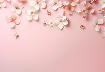 AI generated illustration of white and pink flowers on a light backdrop with space for text