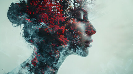 the internal battles and complexities of mental health through a close-up shot. - double exposure - the internal struggles and emotions associated with mental health challenges. 