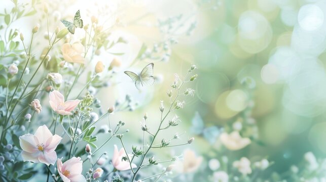 This serene spring background features delicate butterflies dancing amongst a soft-focus scene of blooming flowers and lush greenery, awash in light and a gentle blue hue