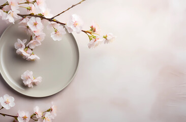 AI generated illustration of pink flowers and empty plate on pink background - obrazy, fototapety, plakaty