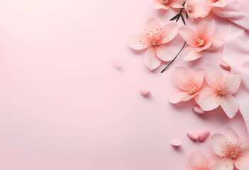 AI generated illustration of pink paper flowers on white background with space for text