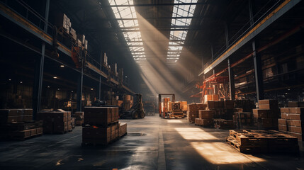 Huge dark industrial warehouse filled with stacked pallets of various goods