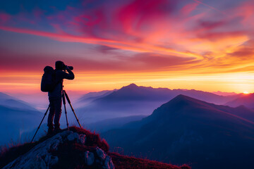 A photographer silhouetted against a majestic sunset sky while capturing the panoramic mountain view