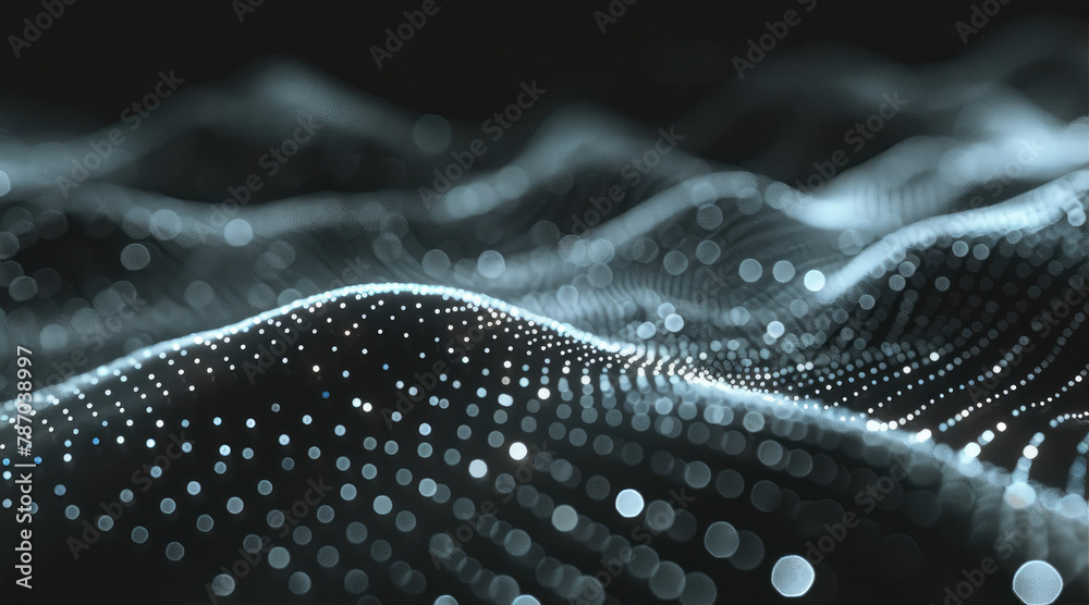 Poster a data stream made out of dots, low angle perspective, in the style of dark gray and dark aquamarine