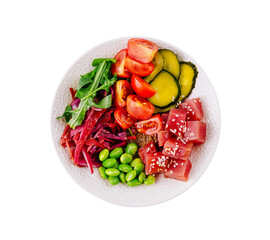 Healthy vegan salad bowl on white background