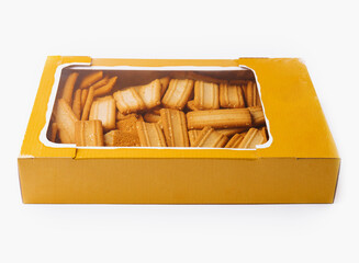 Box of assorted biscuits on white background