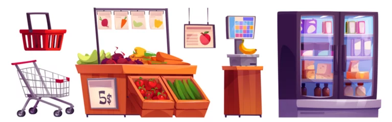 Poster Supermarket interior equipment and furniture - products in refrigerator, vegetable on racks, cart and basket, scales for weighing food. Cartoon vector set of grocery hypermarket inside elements. © klyaksun