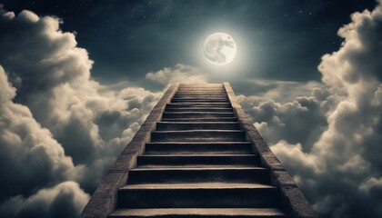 A stairway ascends toward a luminous opening amidst clouds, under a starlit sky with a visible moon.