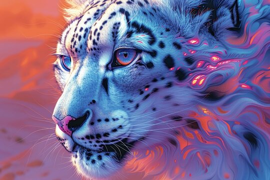 The snow leopard, illustration in the style of psychedelic painting